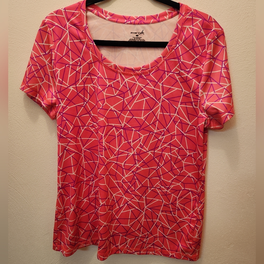 Exertek Pink Geometric Short-Sleeve Scoop Neck Workout Top Size L